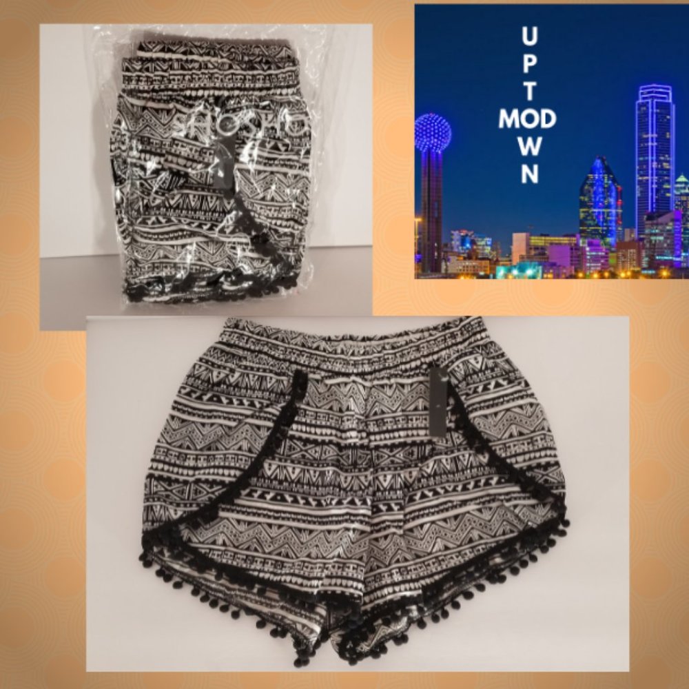 Women's Southwestern Black and White Pom=Pom Lounge Shorts